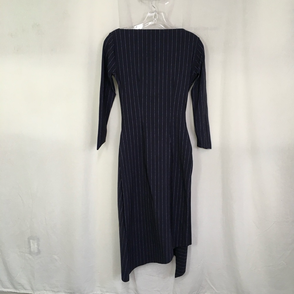 Chiara Boni Navy Blue Minna 3/4 Sleeve Pinstriped Ruched Dress Size 42 US XS - Picture 4 of 11
